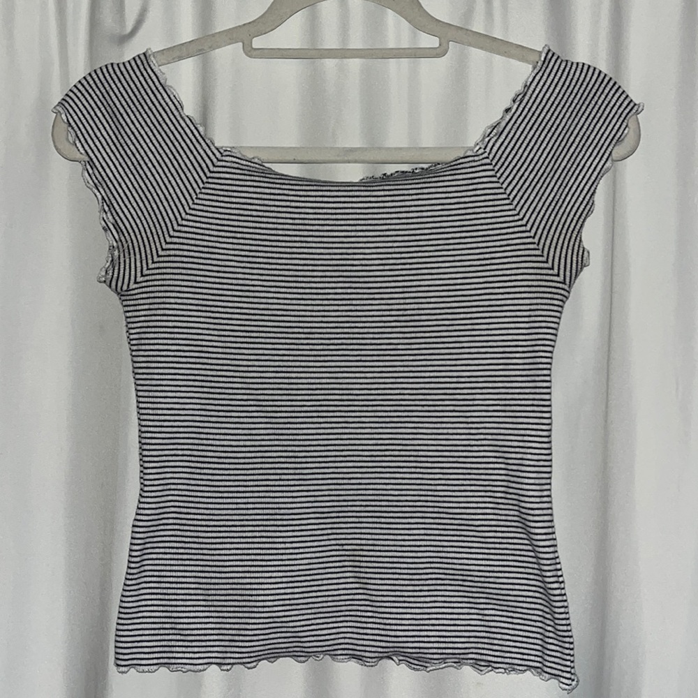 Aeropostale blue and white striped off the shoulder cropped lettuce hem shirt